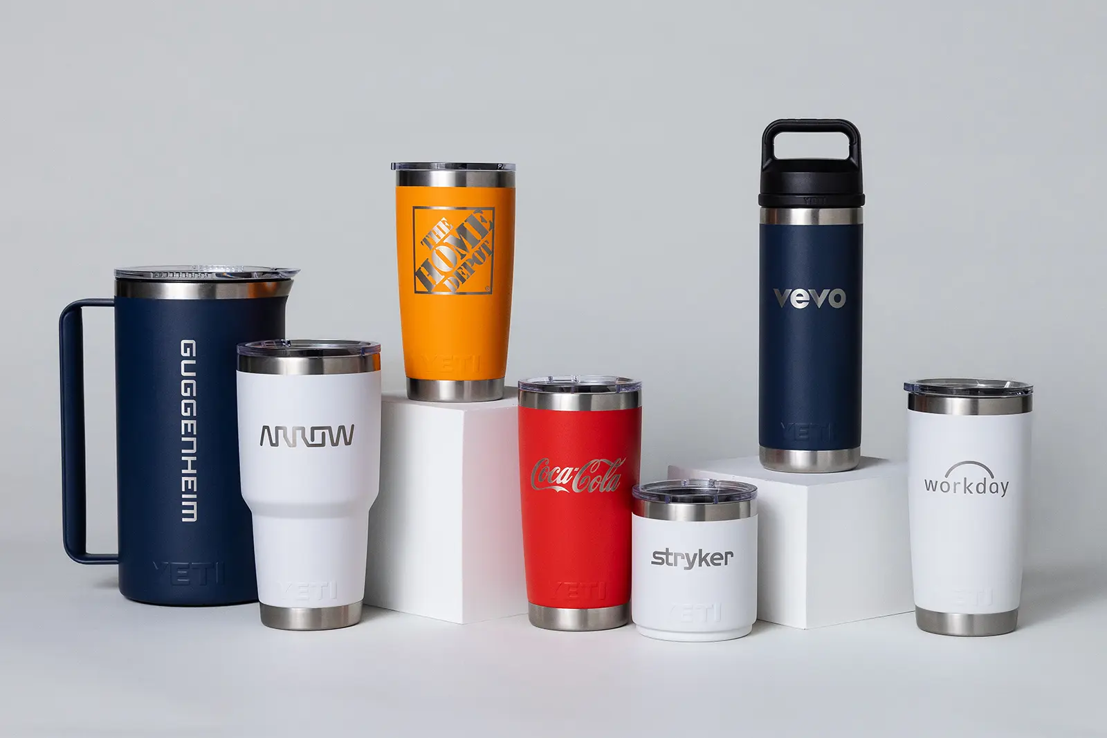 Iconic YETI drinkware engraved with your brand logo for premium corporate gifting ideas.