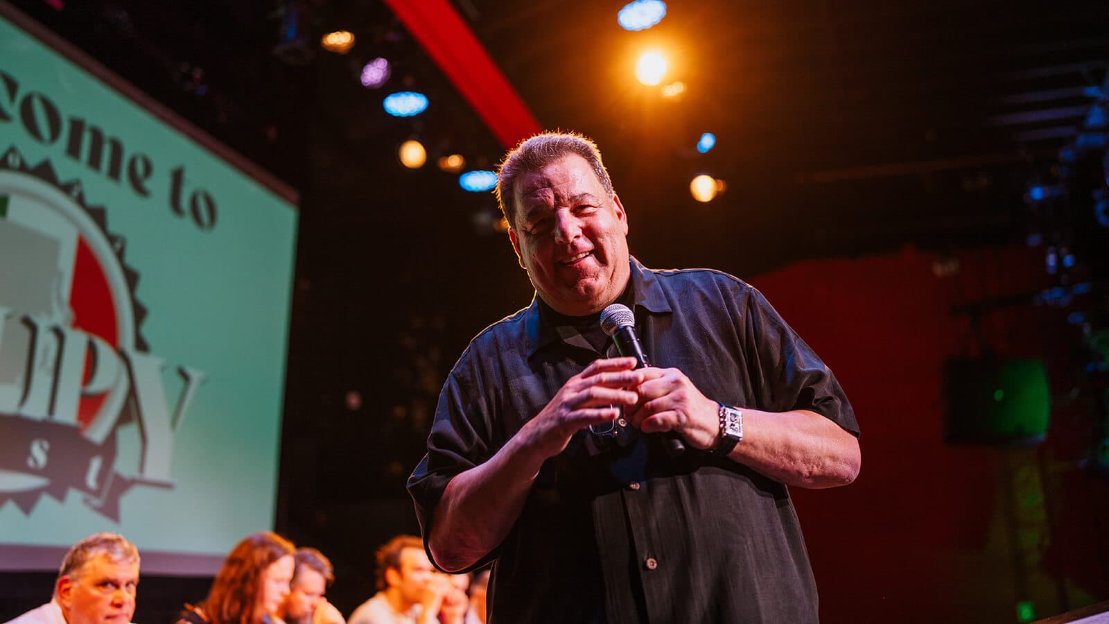 Steve Schirripa speaking at the inaugural SoupyFest event at the United Theater.